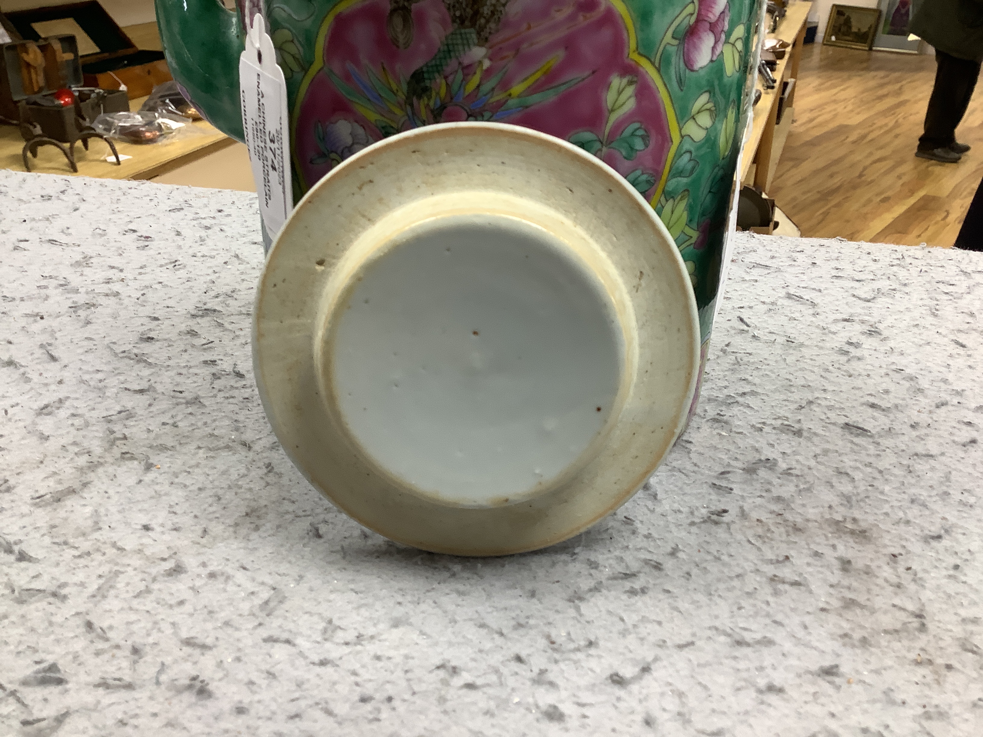A Chinese Straits enamelled porcelain teapot and cover and seven similar tea bowls, Guangxu period and a pillow, teapot 18cm high including cover